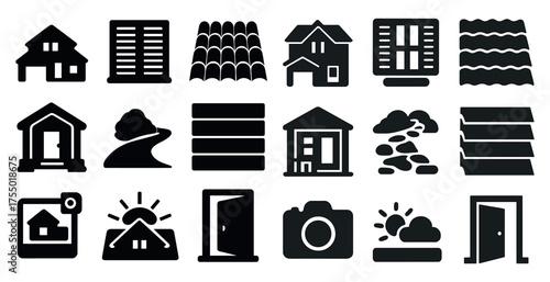 Real estate silhouette icons set – filled, house, property symbols and building