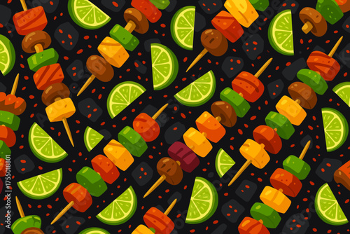Colorful skewers and fresh lime slices arranged on a dark background creating a vibrant food scene