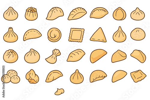 Dumplings and pastries in various shapes displayed on a white background