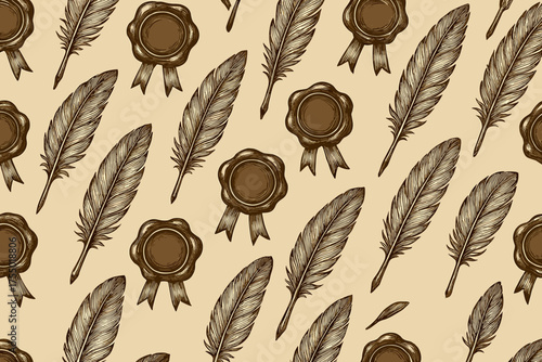 Elegant vintage design featuring feathers and medallions in a repeating pattern on a beige background