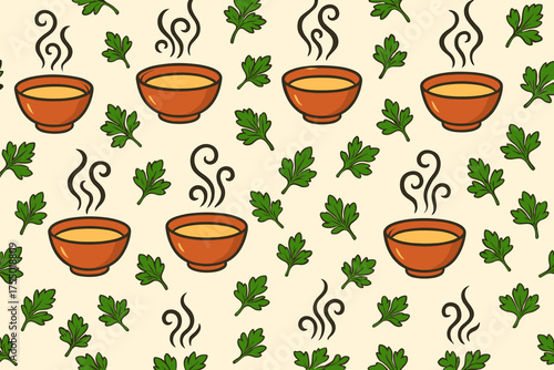 Pattern of steaming bowls of soup surrounded by fresh green parsley on a light background