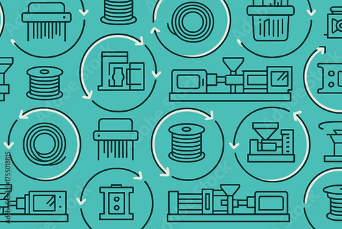 Unique patterns depicting various industrial and manufacturing processes in simple line art on a bright background