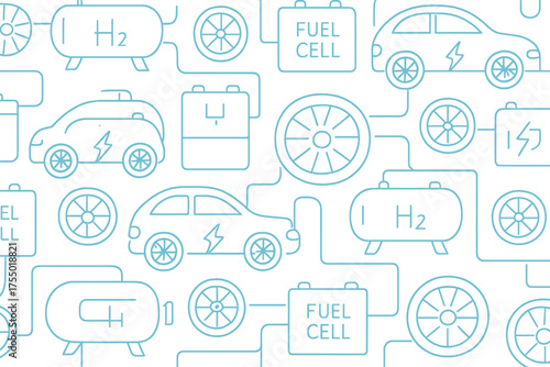 Illustrative pattern showing hydrogen fuel cell vehicles, batteries, and energy components in a creative design