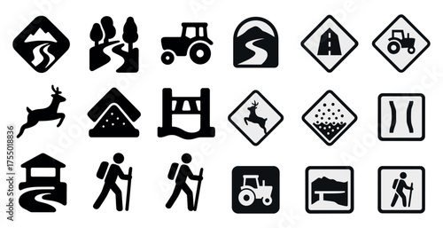 Nature and hiking silhouette icons set – outdoor, adventure, trekking symbols