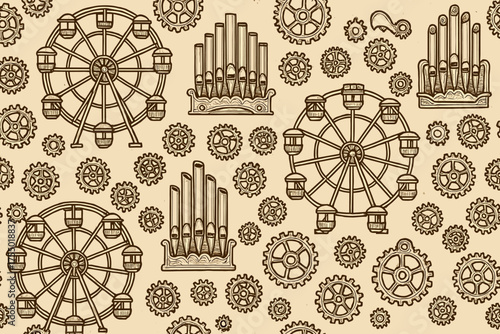 Decorative pattern featuring ferris wheels, musical instruments, and gears in a vintage style