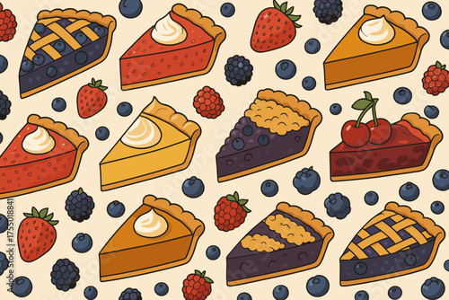 Colorful assortment of various fruit pies arranged neatly on a light background