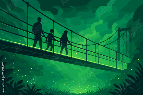 Family walking on a glowing bridge surrounded by a magical green forest at night