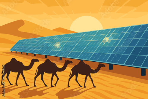 Camels walking past solar panels at sunset in a desert landscape