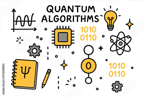 Quantum Flowchart Doodle. Quantum Algorithms. Hand-drawn doodle illustration flowchart (colored), graph, chip (colored), lightbulb, binary code (colored),