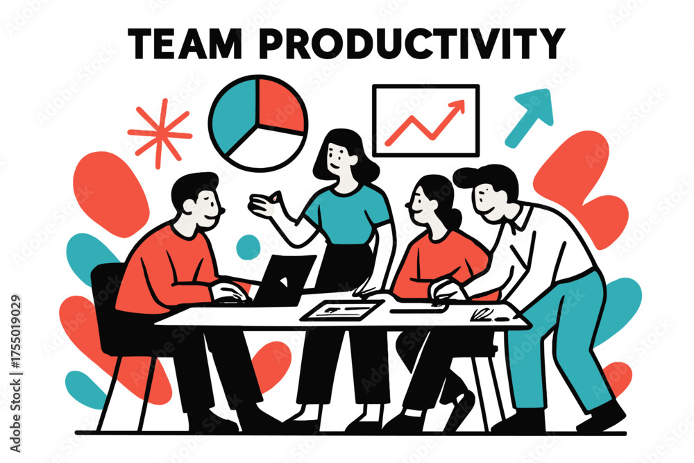 Naklejka premium Collaborative Team Dynamics. Team Productivity. A glowing group working around a table with charts floating above, abstract spark and arrow icons symbolizing