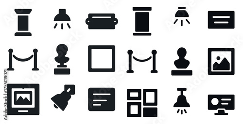Exhibit and gallery solid icons set – flat, filled, museum and display symbols