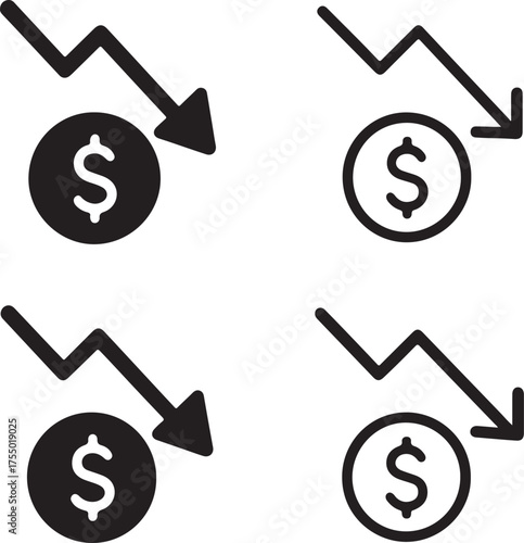 Isolated Economic crisis icon set, black financial symbols, money, loss, downturn, risk, economy, minimal vector, solid and line outline, thin stroke, modern style, editable vector illustration