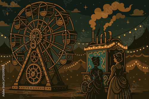 Evening carnival scene with a ferris wheel and steam train, showcasing two ladies in vintage dresses enjoying the festivities