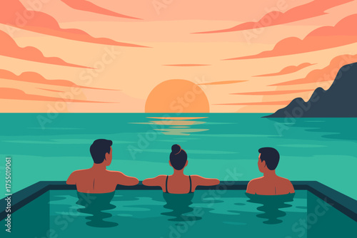 Relaxing in a hot tub at sunset with friends by the ocean