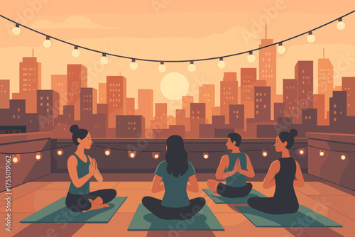 Group of women practicing yoga on a rooftop at sunset in a city