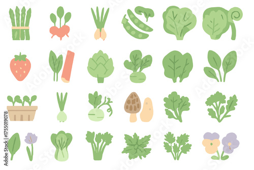 Collection of fresh vegetables and fruits in a colorful, playful illustration showcasing healthy eating options