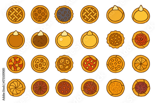 Delightful assortment of colorful pie illustrations showcasing various flavors and designs in a playful arrangement