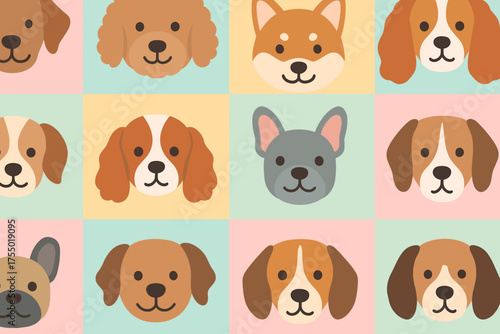 Colorful patterns of various dog breeds illustrated in a fun and playful style for pet lovers