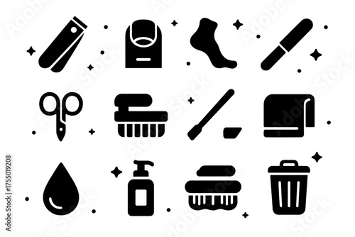 Toenail Care Icons. Toenail care. Solid icons set of Toenail care: nail clipper, toenail, foot, nail file, scissors, brush, cuticle pusher, towel, droplet,