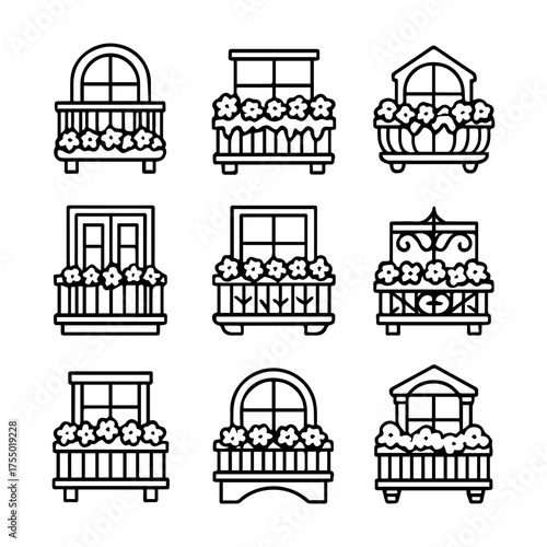 set of outline icons balconies with flowers vector on a white background
set of 9 line icons, vector, on a white background