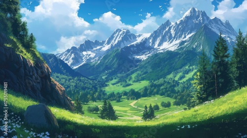 Majestic anime-style mountain valley with green meadows, pine trees and bright blue sky, stunning digital art fantasy landscape.
