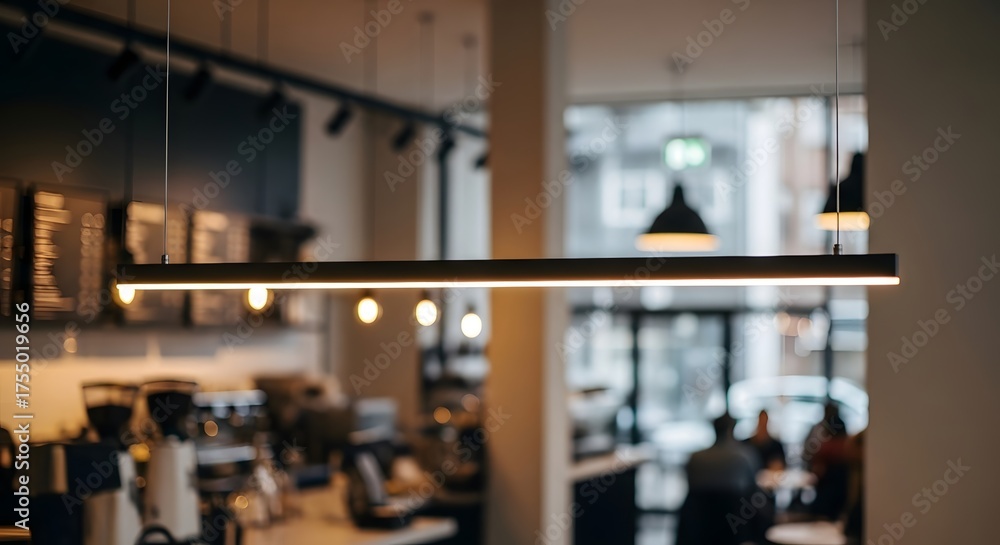 Fototapeta premium Cozy café interior with modern lighting and blurred background of customers