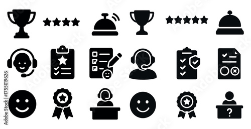 Customer feedback solid icons set: rating, satisfaction, review symbols