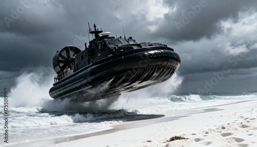 Powerful black hovercraft navigating ocean waves and white sand beach under stormy sky