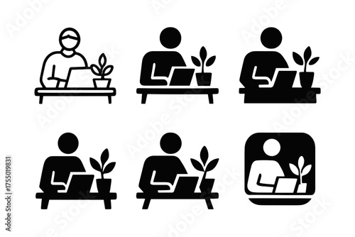 Smart Home Office Logos. Remote worker setting up a smart home office. Set Logo of Remote worker setting up a smart home office: Desk plant. harmonious logo