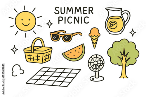 Summer Picnic Doodles. Summer Picnic. Hand-drawn doodle illustration sun (colored), sunglasses (colored), lemonade pitcher, basket (colored), watermelon slice,