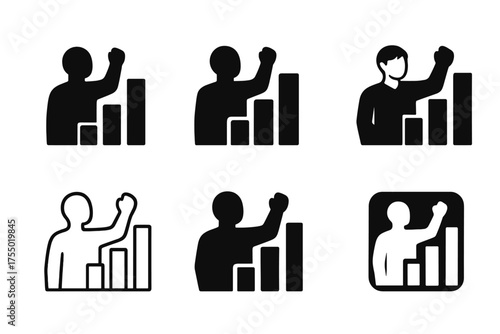 Minimum Wage Logos. Minimum wage laws. Set Logo of Minimum wage laws: Worker silhouette with rising bar. harmonious logo variations of the same emblematic