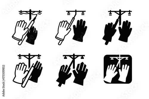 Lineman Logo Variations. Electrical line installers repairing power lines. Set Logo of Electrical line installers repairing power lines: lineman's gloves and
