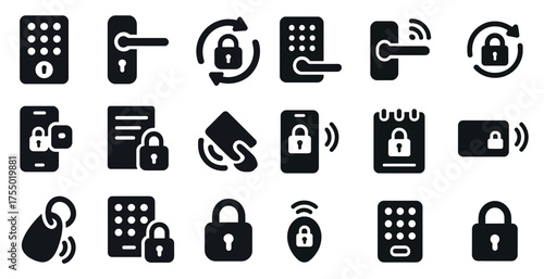 Security and access control solid icons set – sleek, filled, surveillance symbols