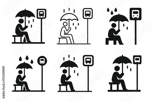 City Bus Stop Logos. A person waiting at a bus stop under a digital advertising screen in the city. Set Logo of A person waiting at a bus stop under a digital