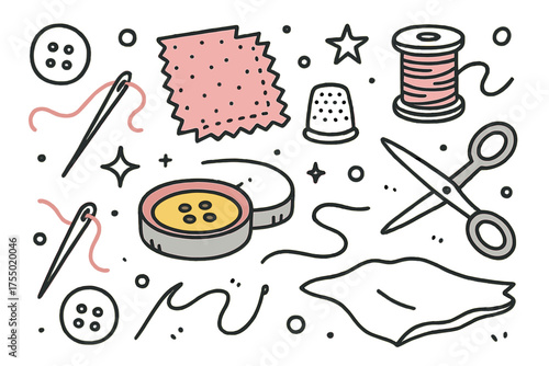 Button Craft Supplies. Button Making. Hand-drawn doodle illustration button mold (colored), fabric swatch (colored), thread (colored), sparkle, star, scissors,