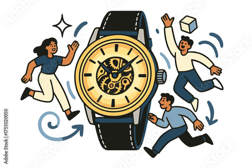Precision in Motion. Vintage mechanical watches close-up. Glowing detailed watch face with exposed gears turning elegantly. Floating icons of sparkle, swirl,