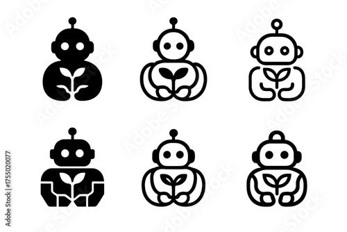 Robotic Empathy Logos. Robotic empathy and emotional response. Set Logo of Robotic empathy and emotional response: companion robot with a small plant