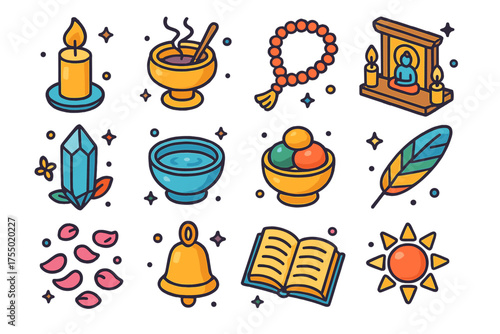 Spiritual Ritual Icons. Spiritual Ritual. Colorful isometric vector icons set of spiritual ritual: candle, incense burner, prayer beads, altar, crystal, water