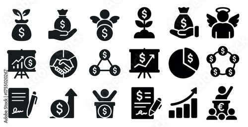 Finance and business solid icons set – currency, growth, investment symbols