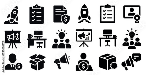 Business and marketing solid icons set – filled, flat, corporate graphics