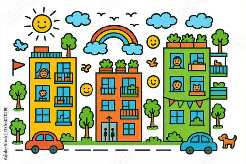 Vibrant Urban Playground. Urban Living. Colorful Hand-drawn doodle Children illustration residential towers, balconies, windows, rooftop gardens, elevators,
