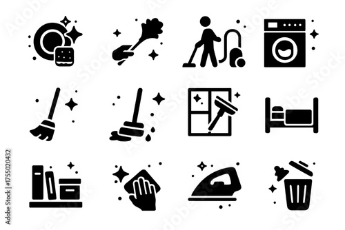 Household Chore Icons. Household Chores. Solid icons set of Household Chores: washing dishes, dusting, vacuuming, laundry, sweeping, mopping, cleaning windows,