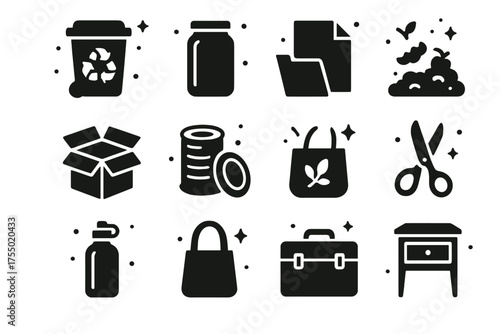 Household Recycling Icons. Household Recycling. Solid icons set of Household Recycling: recycling bin, glass jar, paper, cardboard, metal can, compost,