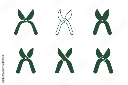 Pruning Shears Logos. Gardening tools. Set Logo of Gardening tools: pruning shears. harmonious logo variations of the same emblematic concept, each with
