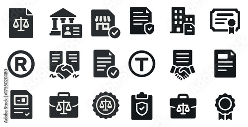 Business and law solid icons set – filled, legal, corporate symbols collection