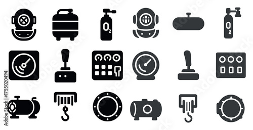 Diving equipment solid icons set – filled, silhouette, underwater adventure symbols