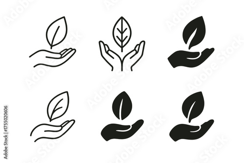 Eco Startup Logos. Eco startups. Set Logo of Eco startups: leaf and hand. harmonious logo variations of the same emblematic concept, each with different