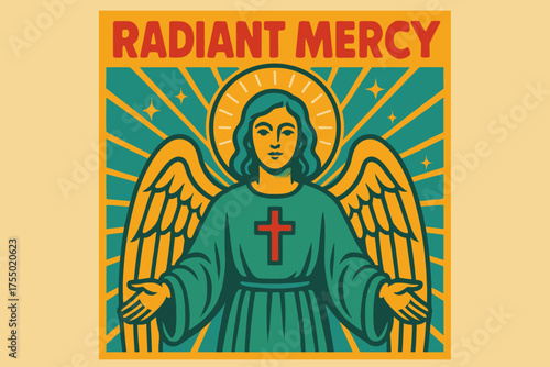 Radiant Mercy Poster. Radiant Mercy ? Retro Poster, bold rounded retro type, halftone dots with radiant rays, centered nostalgic composition with sparkles,