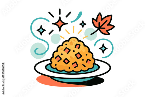 Festive Stuffing Illustration. Festive Serving. A glowing scoop of stuffing on a festive plate, abstract floating spark and leaf icons symbolizing tradition