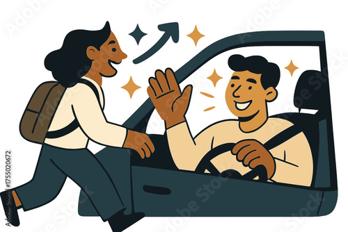 Ride Share Connection. Ride share. Glowing driver smiling as passenger enters car for a trip. Floating icons of sparkle, arrow, and star symbolizing